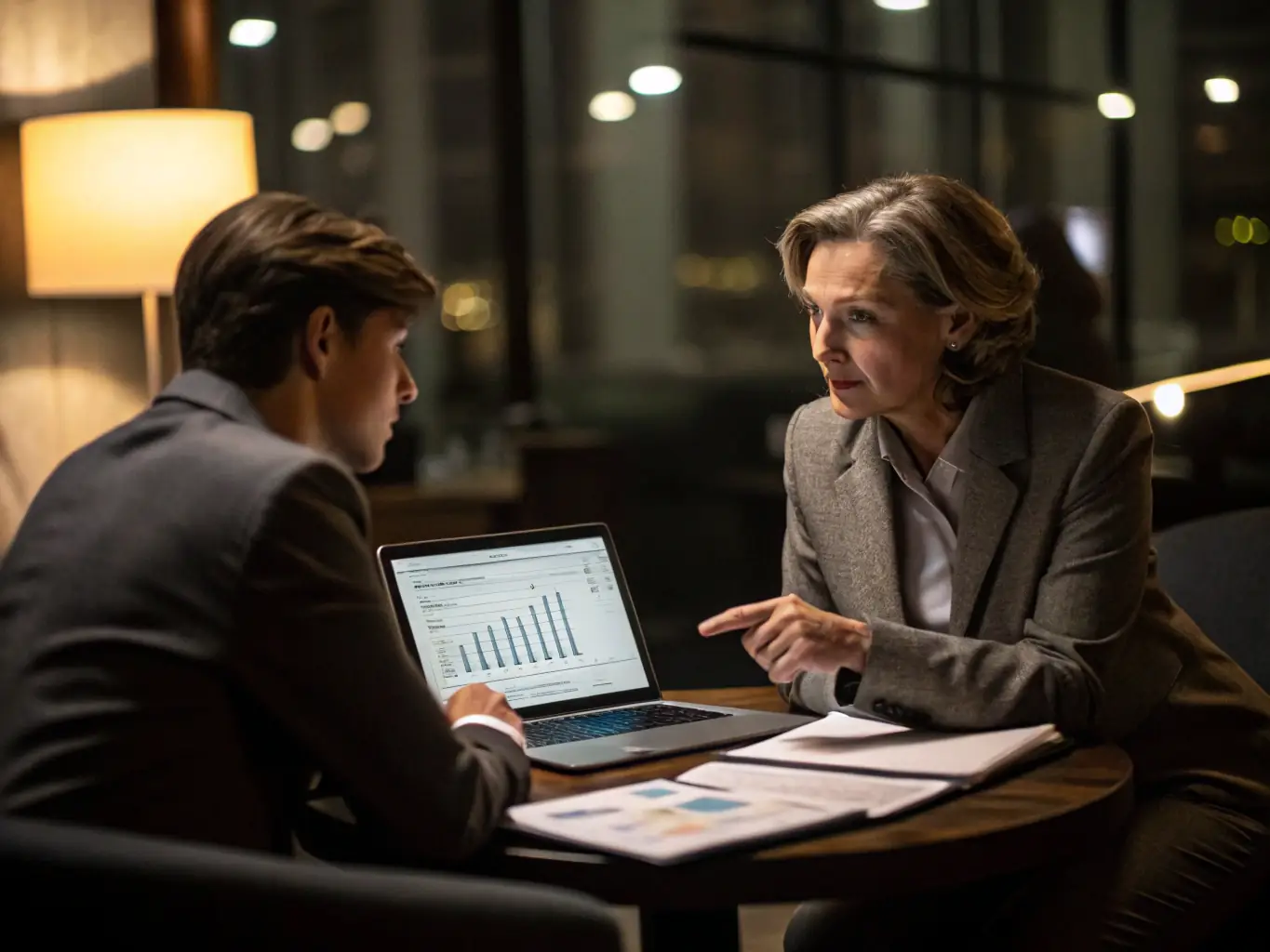 An image of a financial advisor reviewing cash flow charts on a computer screen with a small business owner, representing Hyperdrive.fun's cash flow management service.