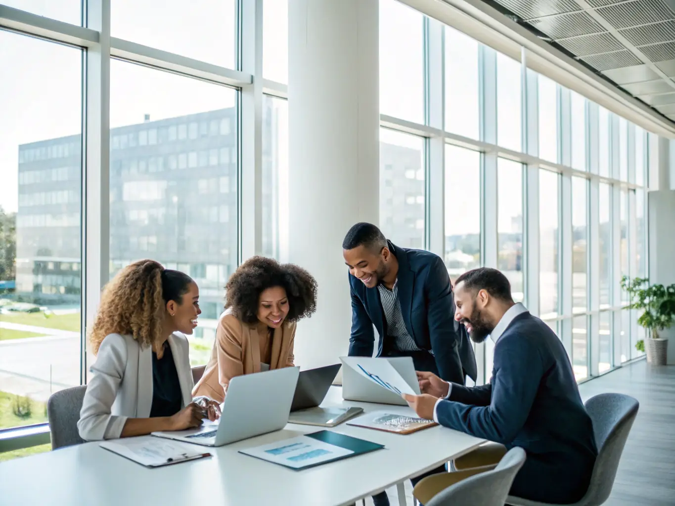 An image depicting a diverse team of financial consultants collaborating on strategies for small business growth in the UK.