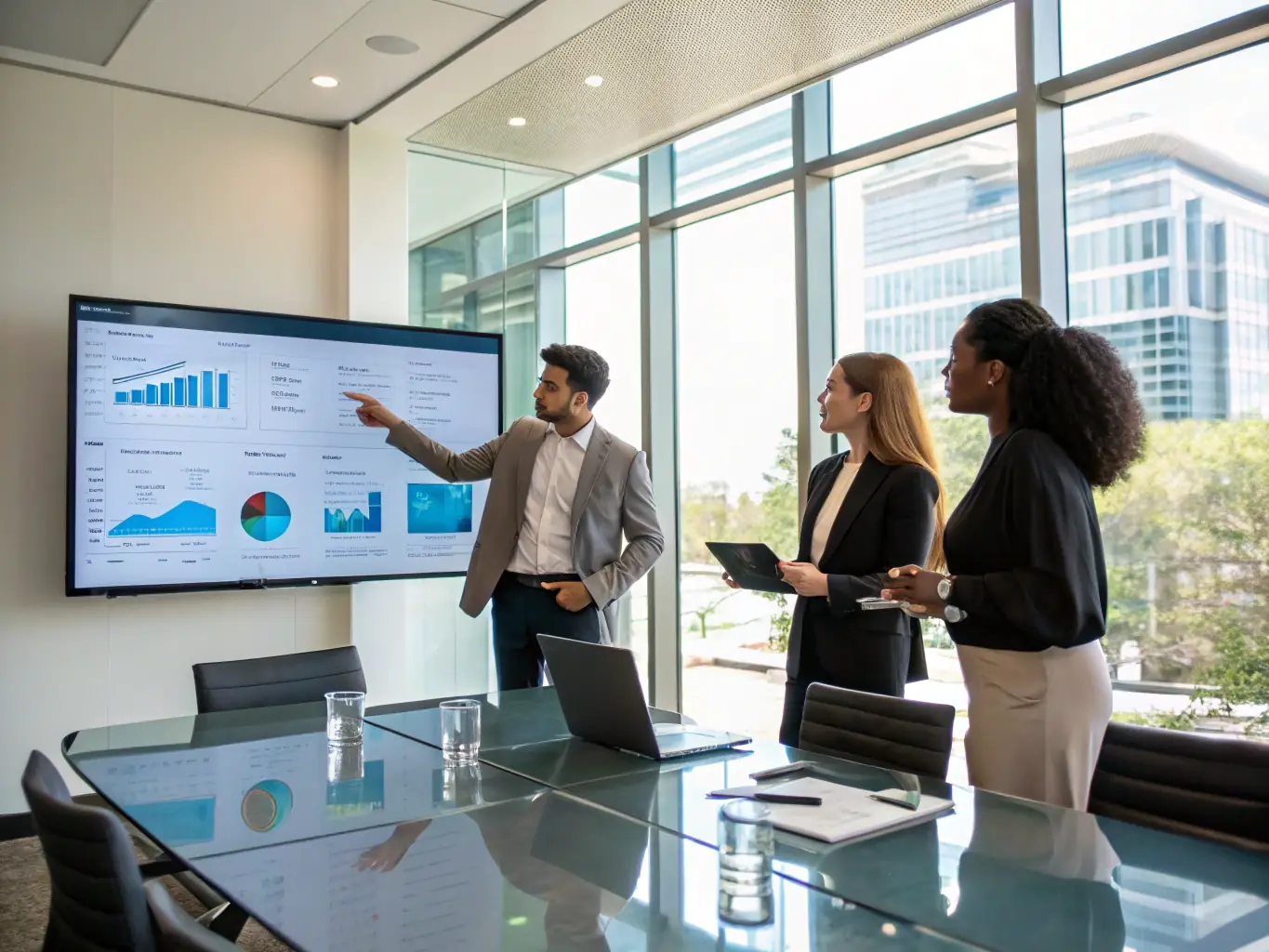 An image depicting a diverse team of financial consultants collaborating on a strategic financial plan for a small business.