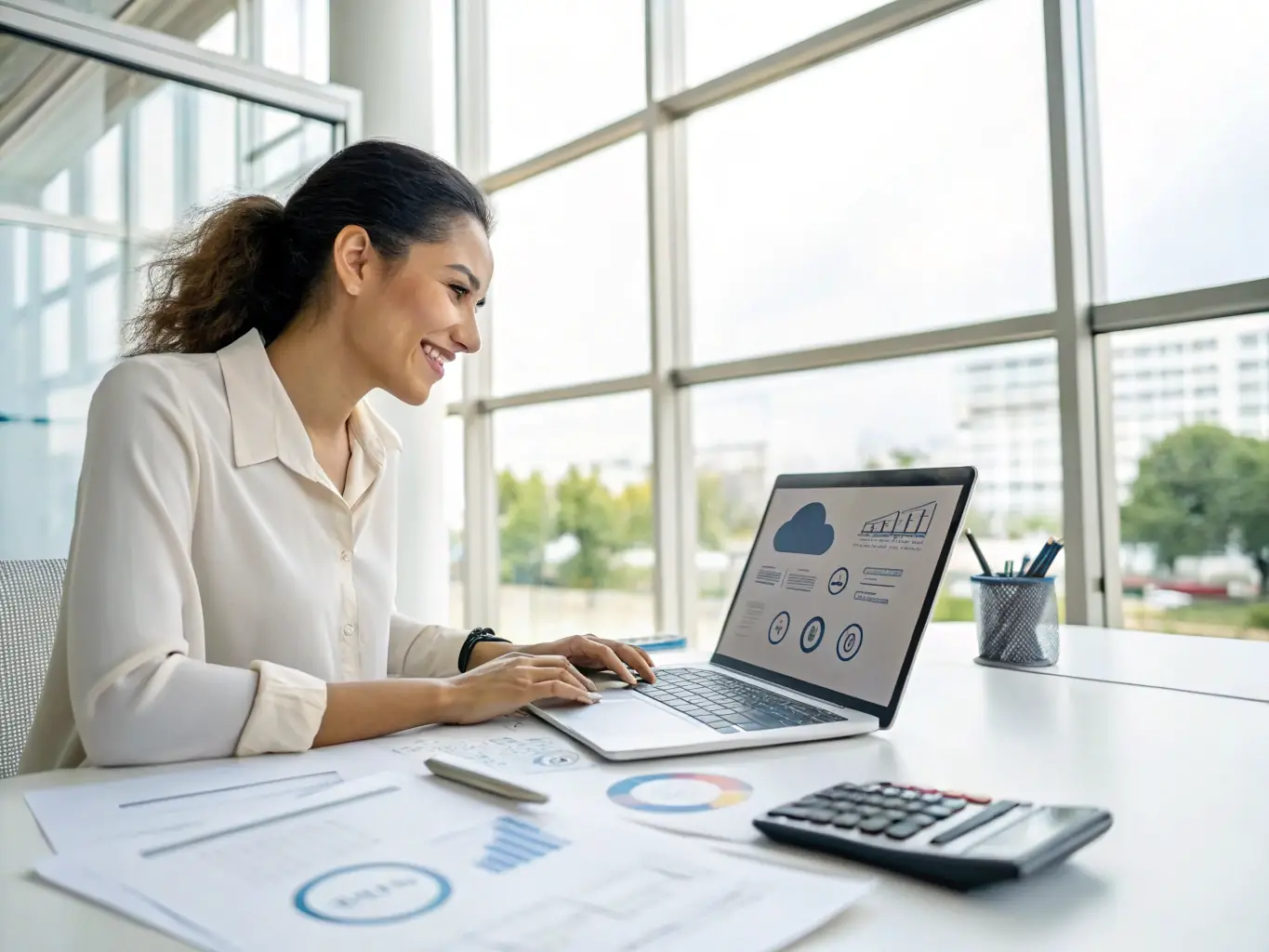 A professional setting showing a business owner working on a budgeting spreadsheet with financial charts, illustrating the process of creating a budget and financial forecast.