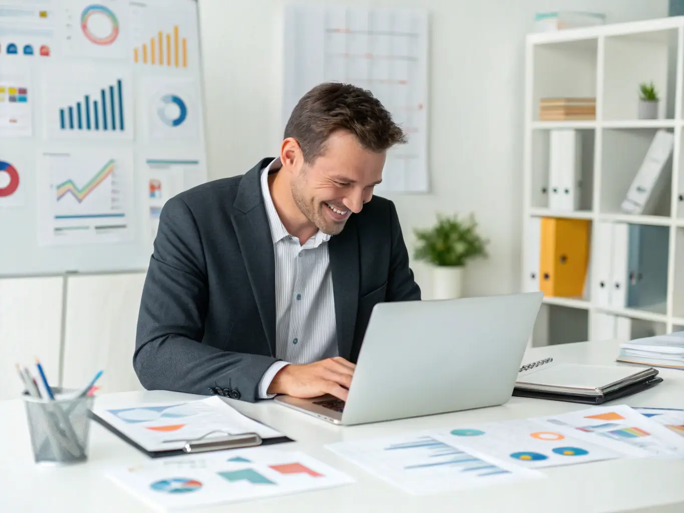 A professional setting showing a business owner working on a budgeting spreadsheet with financial charts, representing Hyperdrive.fun's budgeting and forecasting service.