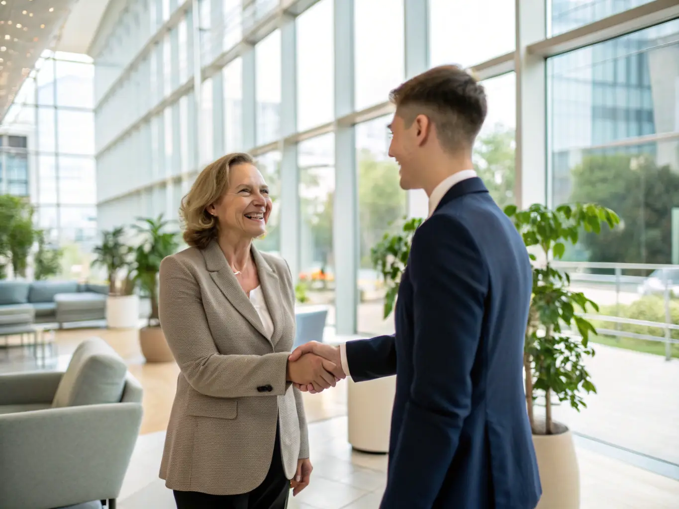 A business owner confidently shaking hands with a financial consultant in a well-appointed office, symbolizing successful financial planning and growth.