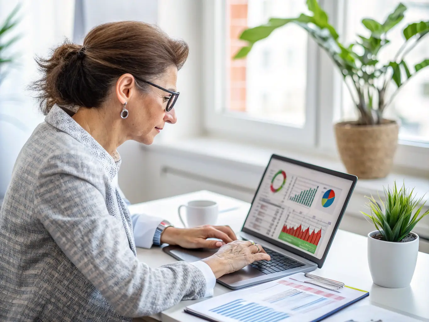 A small business owner reviewing financial reports at a desk in a modern office, looking concerned but determined. The scene is well-lit and professional, conveying a sense of diligence and focus on financial management.