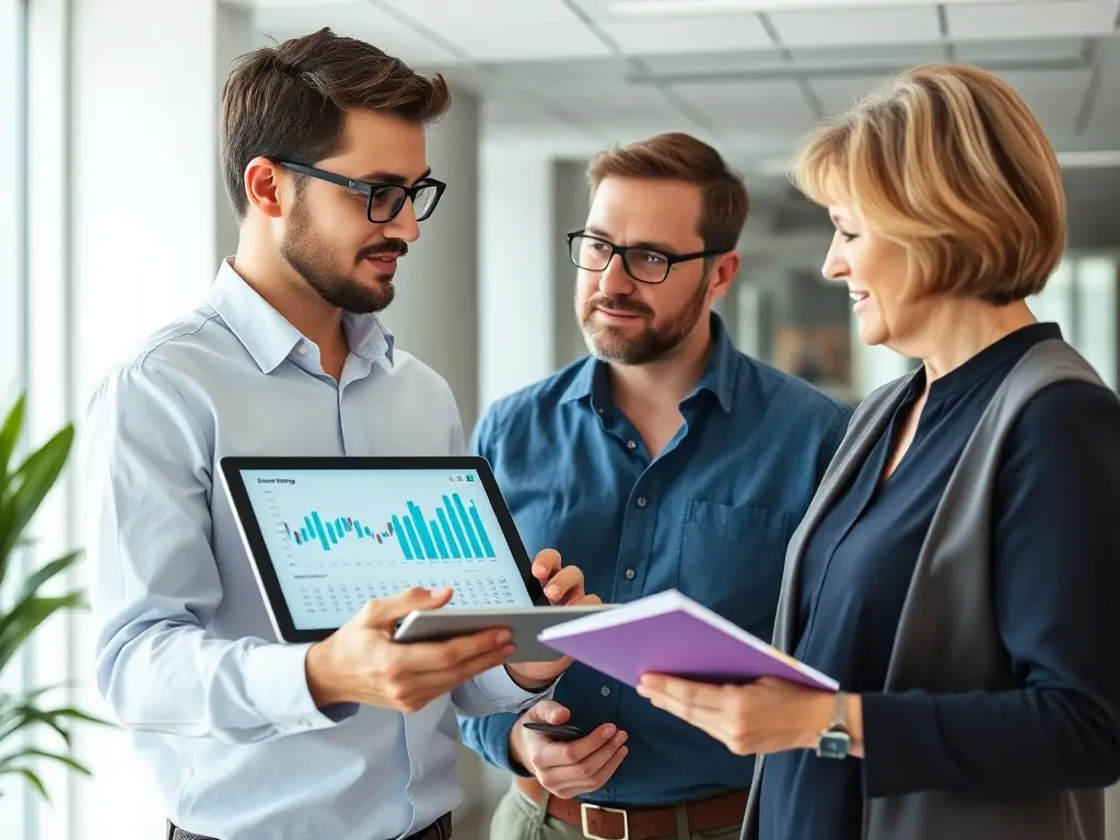 A professional consultant reviewing financial statements with a small business owner in a modern office setting, emphasizing collaboration and expertise.