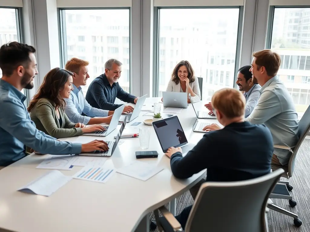 A diverse team of financial consultants collaborating on a financial forecast chart in a modern, brightly lit office, representing budgeting and forecasting solutions.