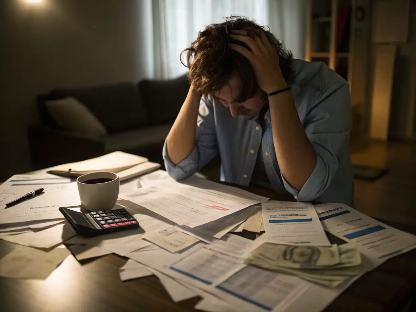 A small business owner looking stressed while reviewing financial documents in a dimly lit office, symbolizing the challenges of managing finances.