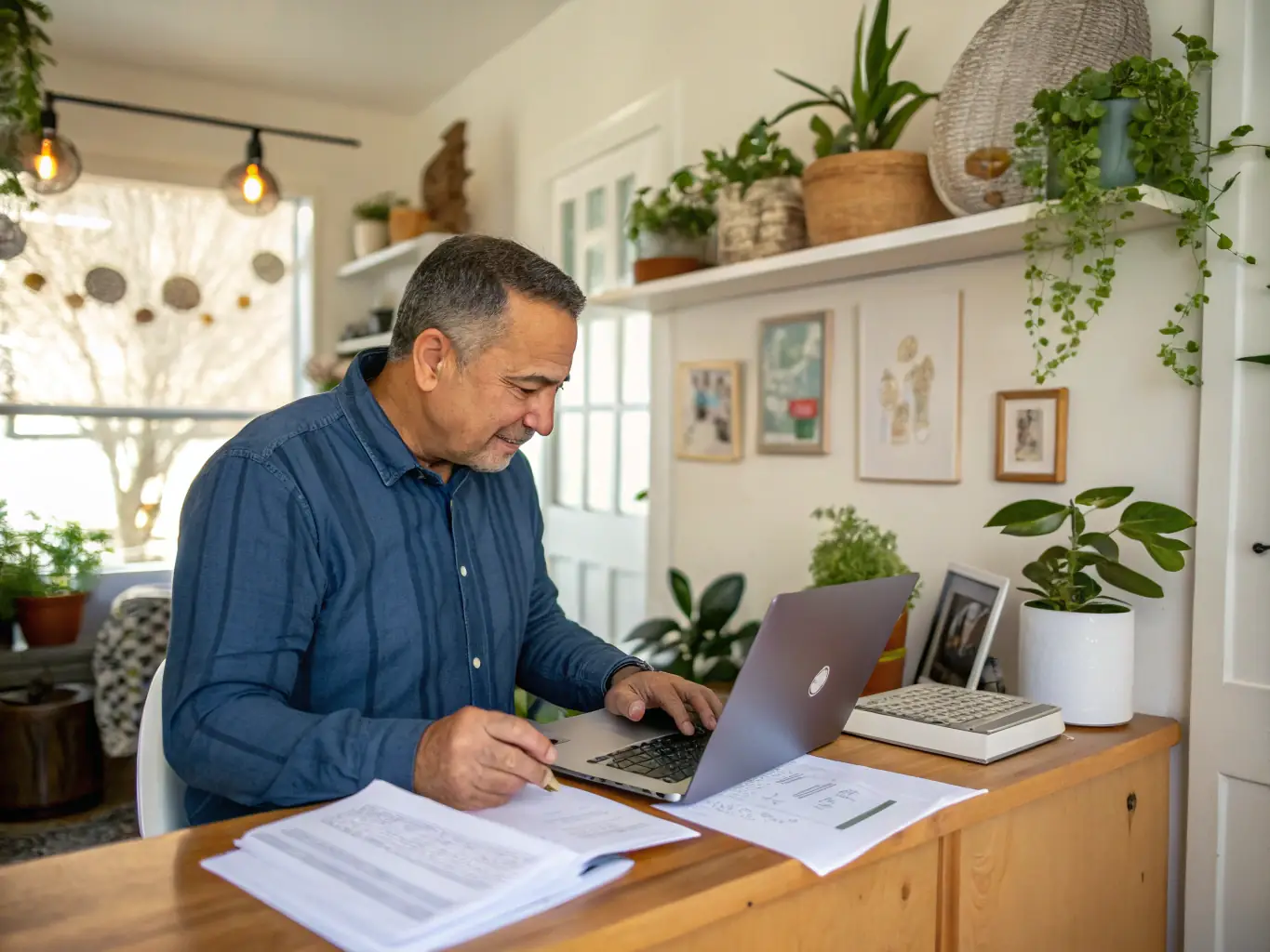 A business owner working on a budget spreadsheet on a laptop in a bright, modern office. The spreadsheet is visible, showing financial data and charts. The scene conveys a sense of planning and financial control.