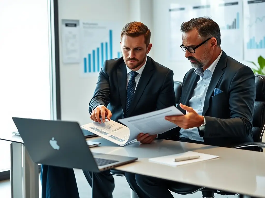 A consultant and a small business owner discussing financial strategies in a modern office setting. They are reviewing documents and charts, conveying a sense of collaboration and expert guidance.